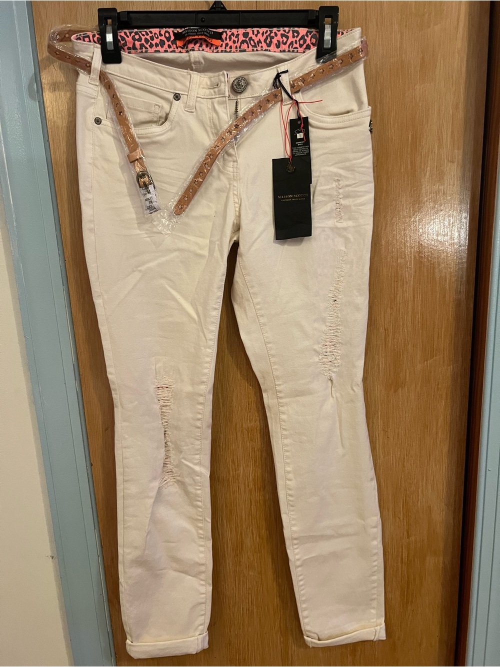 Scotch & Soda Cream Skinny Jeans with Tan Studded Belt